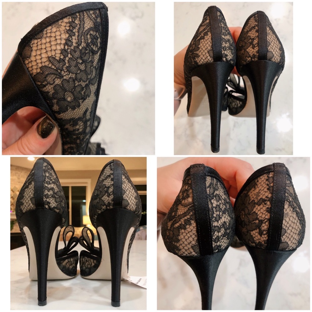 VALENTINO GARAVANI Black D’orsay Floral Lace Bow Peep Toe Satin Pumps SZ 36.5 - Picture 15 of 17